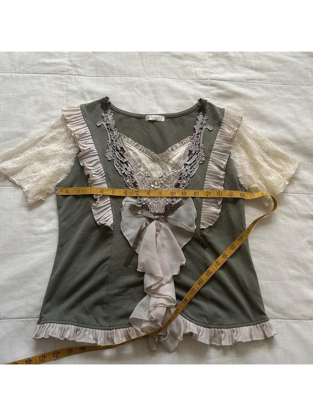 Axes Femme Olive Green Lace Flutter Sleeve Pearl Ribbon Bow Blouse Medium Japan - Picture 7 of 8